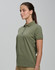A woman wearing an olive green ultrafine cotton pique polo with a classic collar and short sleeves.