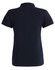 A navy ladies' ultrafine cotton pique polo featuring a collar and short sleeves, with a logo on the back.