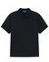 A black polo shirt with a classic collar, featuring short sleeves and a logo on the collar.