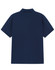 A navy blue short-sleeve polo shirt featuring a collar and a plain back, with a logo on the neck area.