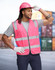 A pink high-visibility safety zip vest with reflective stripes, worn by a person in a grey shirt and pink helmet.