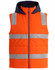 A bright orange unisex hi-vis hooded puffer vest with reflective strips and a navy hood. It features a front zip and a logo.