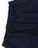 Navy cotton stretch drill cuffed work pants with elastic waistband and multiple pockets, featuring a logo.