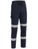 Navy work pants featuring reflective tape, elastic waistband, and multiple pockets for functionality.