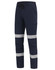 Navy work pants with reflective tape and multiple pockets, featuring a drawstring waist. Includes a logo.
