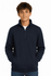 A navy blue 1/4 zip sweater for kids, featuring a collar and a front pocket. The model stands with hands in pockets.