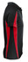 A black polo shirt with red and white accents on the sides, featuring a collar and short sleeves.