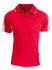 A red polo shirt with grey accents and a logo on the chest. Short sleeves and a classic collar design.