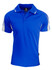 A blue polo shirt with white detailing on the sleeves and a logo on the collar.