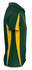 A polo shirt in green with yellow side stripes and a collar, featuring a logo on the chest.