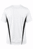 A white men's T-shirt with black side panels and short sleeves, featuring a logo on the back.
