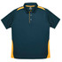 A dark green polo shirt with yellow accents and a collar, featuring a branding logo on the chest area.