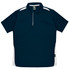 A navy blue polo shirt featuring white side panels and a collar, with a logo on the chest.