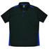A black polo shirt with blue side accents, featuring a collar and a logo.