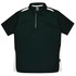 A dark green polo shirt with white side accents and a collar, featuring a logo on the front.