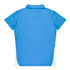A blue polo shirt with short sleeves and a white side panel, featuring a collar and an unseen logo.