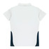 A polo shirt in white with navy side panels, featuring a collar and short sleeves. It has a logo on the front.