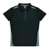 A dark green polo shirt with light grey accents and a three-button placket. It features a collar and short sleeves.
