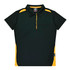 A dark green polo shirt with yellow accents, featuring a collar and buttons, and includes a branding logo.