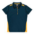 A polo shirt featuring dark blue and yellow colours, with a collar and short sleeves. It has a logo on the label.
