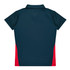 A polo shirt in dark blue with red side accents and a collar. Features a logo.