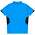 A blue polo shirt with black accents, featuring a logo on the back.
