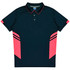 A navy polo shirt with pink accents and stripes, featuring a collar and button placket. It has a logo on the front.