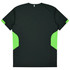 A black and bright green children's T-shirt featuring a logo on the back.
