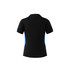 A black polo shirt featuring blue accents and a logo, designed for women.