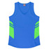A blue singlet with green accents and a logo, featuring a V-neck design and athletic styling.