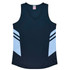 A black singlet with light blue accents and a V-neck design, featuring a logo on the label.