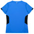 A blue women's t-shirt with black side panels and a logo. The back features a sporty design.