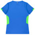 A blue T-shirt with green side panels and a logo on the back. Styled for women's wear.