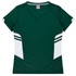 A green and white women's t-shirt featuring a v-neck and contrasting side panels, with a logo visible.