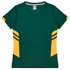 A green and yellow women's t-shirt featuring a V-neck and sporty design, with branding on the upper part.