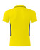 A yellow polo shirt with black side panels and a collar, featuring a logo on the back.