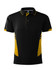 A black and yellow polo shirt featuring short sleeves and a collar, including a logo on the front.