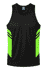 A black singlet with vibrant green side panels and a logo on the upper front. Suitable for active wear.