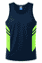 A navy singlet featuring lime green side panels and a logo on the chest.