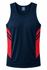 A navy blue singlet with red side panels and branding on the neckline.