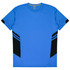 A blue T-shirt featuring black accents on the sides and a logo on the chest.