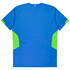 A blue t-shirt featuring green accents on the sides and a brand logo. Suitable for kids.