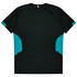 A dark green T-shirt with aqua blue side panels and a plain back, featuring a logo.