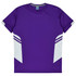 A purple T-shirt with white accent details and a logo on the collar, designed for kids.