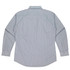 A long sleeve button-up shirt in a light blue and white striped pattern, featuring a back view with a logo.
