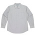 A long sleeve button-up shirt in a light grey and white striped pattern with a chest pocket and a logo.