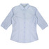 A light blue button-up shirt with 3/4 sleeves and a fitted design, featuring a logo on the label.
