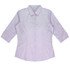 A light purple button-up shirt with 3/4 sleeves and a fitted design, featuring a logo.