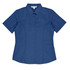 A blue short-sleeve button-up shirt with a fitted design and a collar, featuring a branding logo.