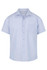 A short-sleeve, light blue button-up shirt with a chest pocket and a logo.